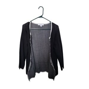 Foxcroft NYC Cardigan Women Medium Black White Fringe Trim Open Front Bicolor